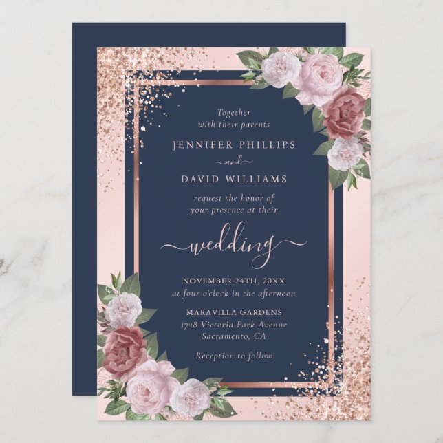 Rose Gold Confetti Glitter Navy Blue Blush Wedding Invitation (Front/Back)