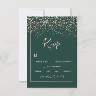 Rose gold confetti green typography rsvp card