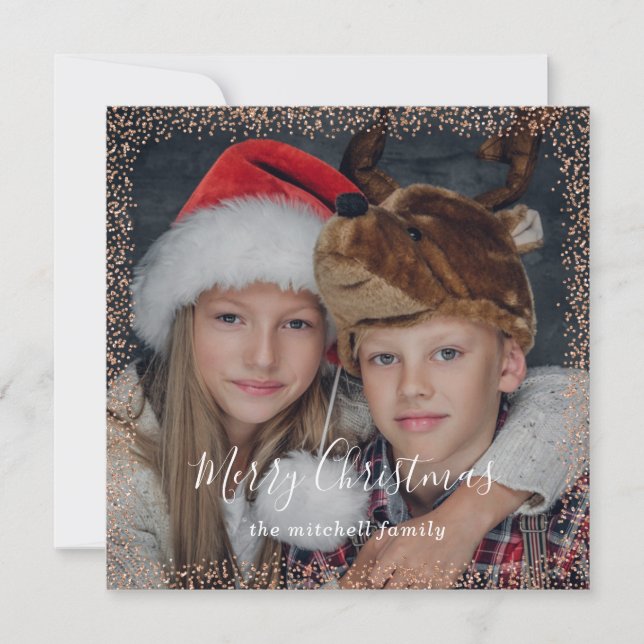 Rose Gold Confetti | Merry Christmas Photo Holiday Card (Front)