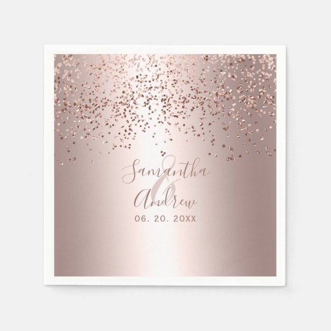 Rose gold confetti metallic typography wedding napkin (Front)