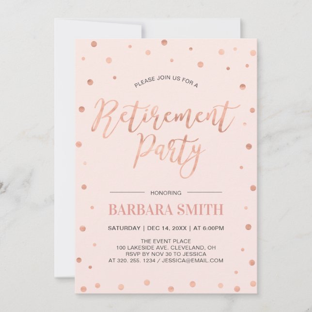 Rose Gold Confetti | Modern Retirement Party Invitation (Front)