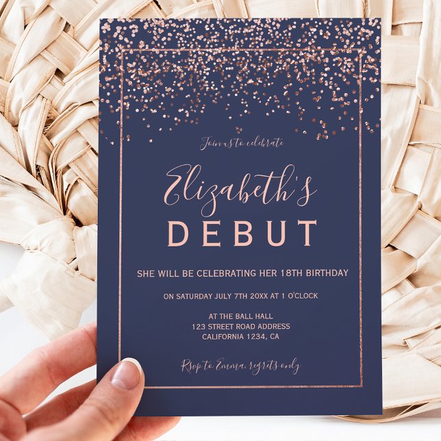 Rose gold confetti navy blue 18th birthday debut invitation (Creator Uploaded)