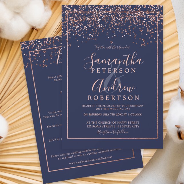 Rose gold confetti navy blue all in one wedding invitation (Creator Uploaded)
