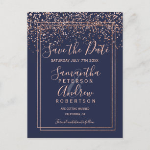 Rose gold confetti navy blue border save the date announcement postcard