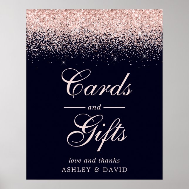 Rose Gold Confetti Navy Blue Chic Cards and Gifts Poster (Front)