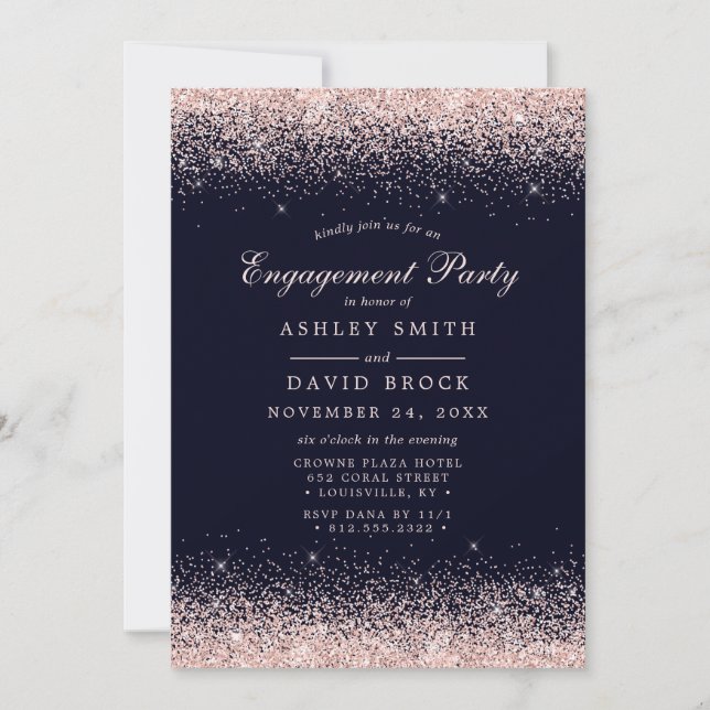 Rose Gold Confetti Navy Blue Modern Engagement Invitation (Front)