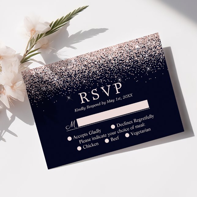 Rose Gold Confetti Navy Blue Modern Wedding RSVP (Creator Uploaded)