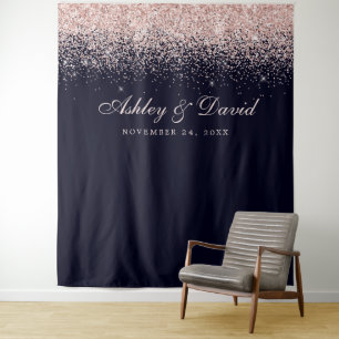 Rose Gold Confetti Navy Blue Photo Booth Backdrop Tapestry