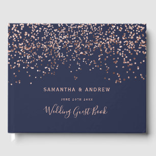 Rose gold confetti navy blue photo wedding guest book