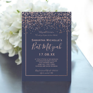Rose gold confetti navy blue script bat Mitzvah Invitation