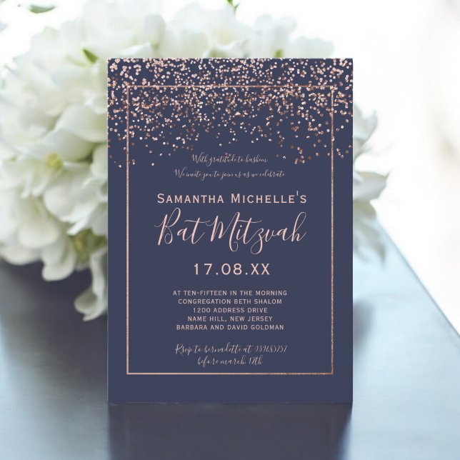 Rose gold confetti navy blue script bat Mitzvah Invitation (Rose gold confetti navy blue script bat Mitzvah Invitation)