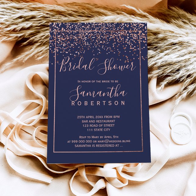 Rose gold confetti navy blue script bridal shower invitation (Creator Uploaded)