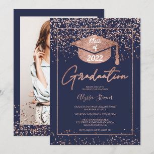 Rose gold confetti navy blue script graduation invitation