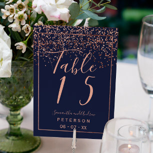 Rose gold confetti navy blue script wedding table number