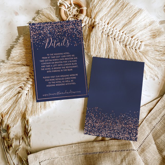 Rose gold confetti navy blue typography details enclosure card (Creator Uploaded)