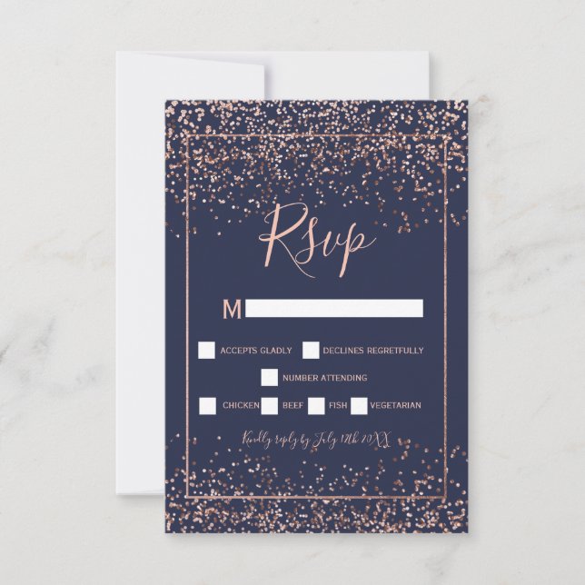 Rose gold confetti navy blue typography rsvp (Front)