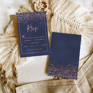 Rose gold confetti navy blue typography rsvp