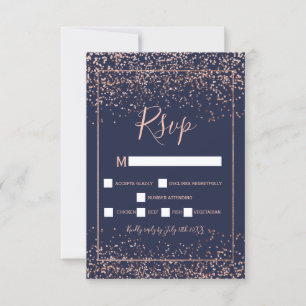 Rose gold confetti navy blue typography rsvp card