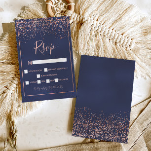 Rose gold confetti navy blue typography rsvp card