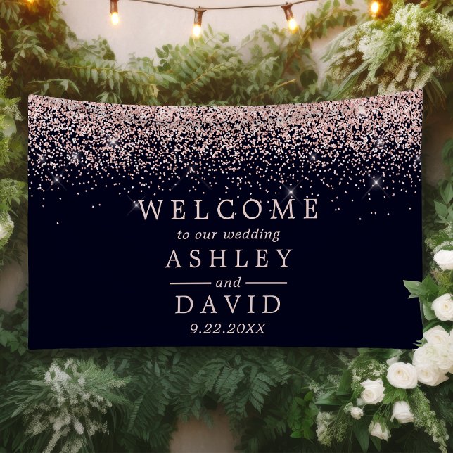 Rose Gold Confetti Navy Blue Wedding Welcome Banner (Creator Uploaded)