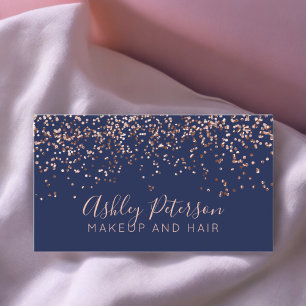 Rose gold confetti navy hair makeup typography business card