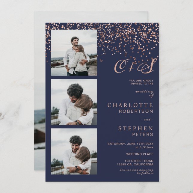 Rose gold confetti navy initials photos wedding invitation (Front/Back)