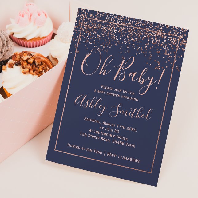 Rose gold confetti navy typography baby shower invitation (Creator Uploaded)