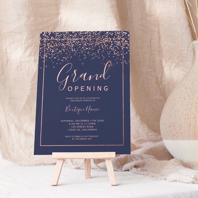 Rose gold confetti navy typography grand opening invitation (Creator Uploaded)