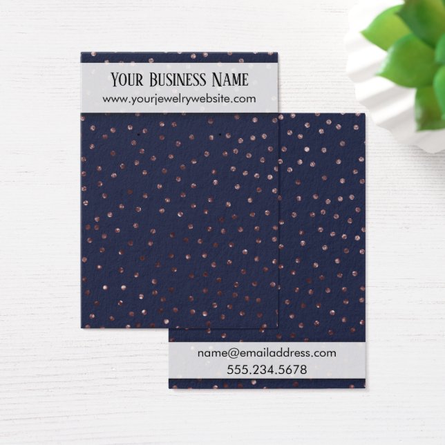 Rose Gold Confetti on Navy Earring Holder Card (Desk)
