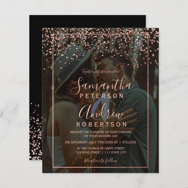 Rose gold confetti photo black budget wedding (Front/Back)