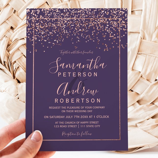 Rose gold confetti purple typography wedding invitation (Creator Uploaded)