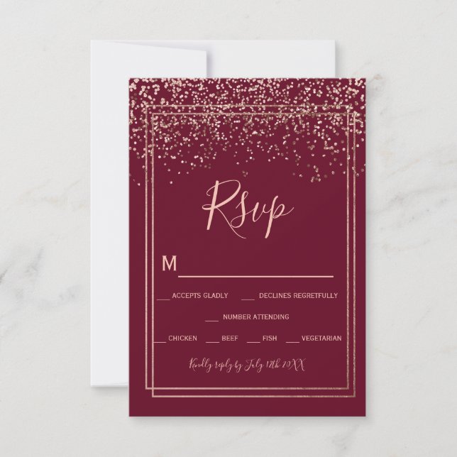 Rose gold confetti red burgundy border rsvp (Front)