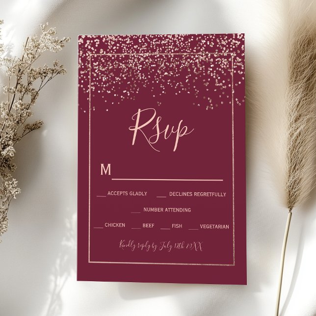 Rose gold confetti red burgundy typography rsvp (Rose gold confetti red burgundy typography rsvp)