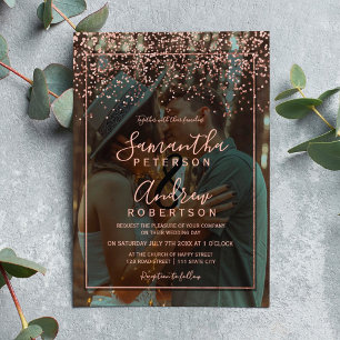 Rose gold confetti typography photo wedding invitation