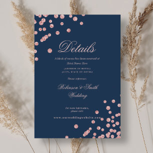 Rose Gold Confetti Wedding Details Navy Blue Enclosure Card