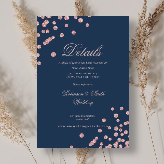 Rose Gold Confetti Wedding Details Navy Blue  Enclosure Card (Rose Gold Confetti Wedding Details Navy Blue Enclosure Card)