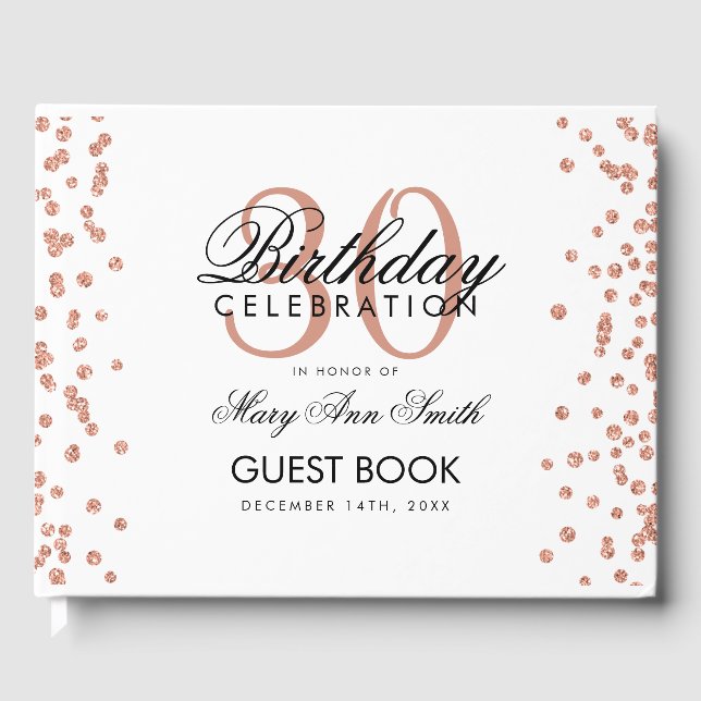 Rose Gold Confetti White 30th Birthday Party Guest Book (Front)
