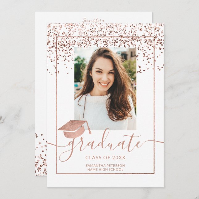 Rose gold confetti white typography graduation invitation (Front/Back)