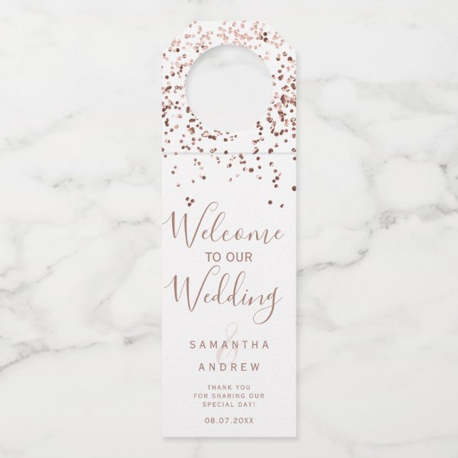 Rose gold confetti white welcome wedding bottle tag (Front)