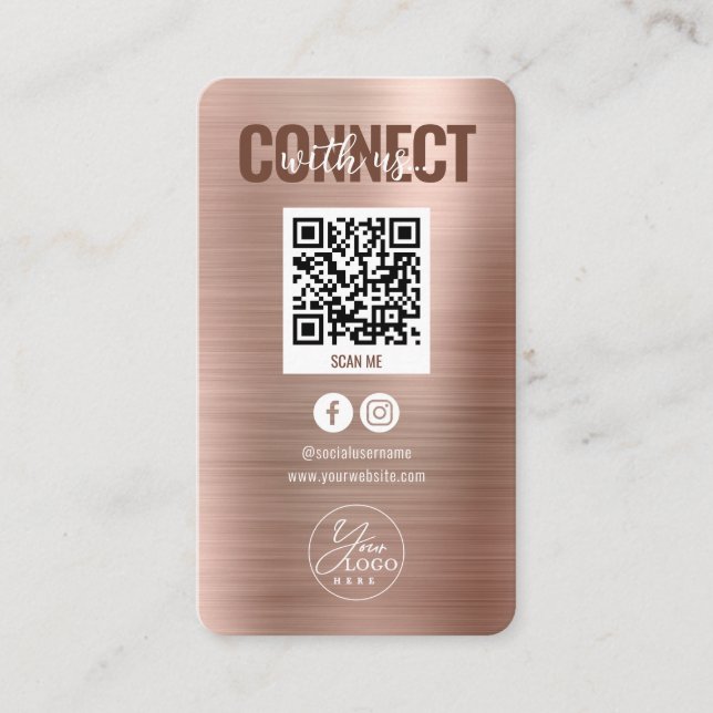 Rose Gold Connect With Us Social Media QR Code Business Card (Front)
