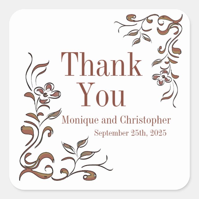 Rose Gold Copper Floral White Wedding Square Sticker (Front)