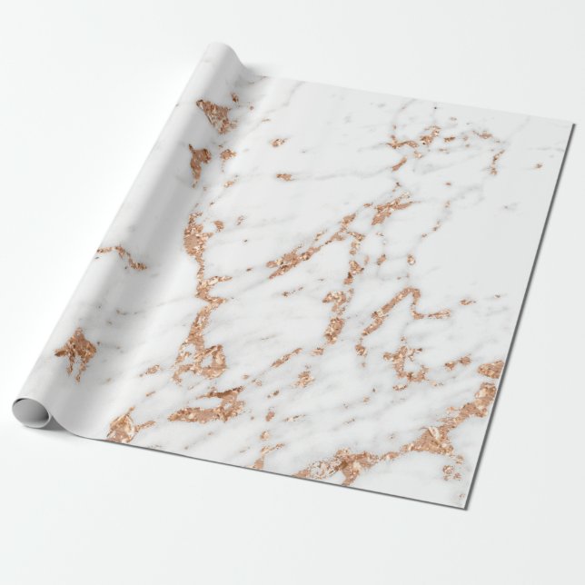 Rose Gold Copper Glitter White Carrara Marble Wrapping Paper (Unrolled)