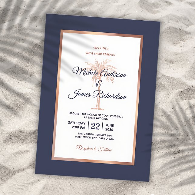 Rose Gold Copper Navy Blue Palm Tree Beach Wedding Invitation (Creator Uploaded)