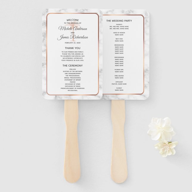 Rose Gold Copper Palm Tree Marble Wedding Program Hand Fan (Front and Back)
