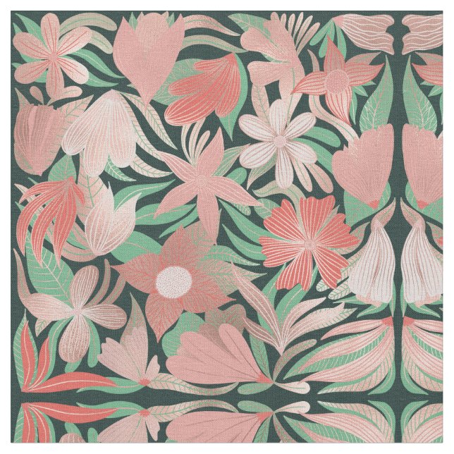 Rose Gold Coral Green Floral Leaves Illustrations Fabric (Close Up)