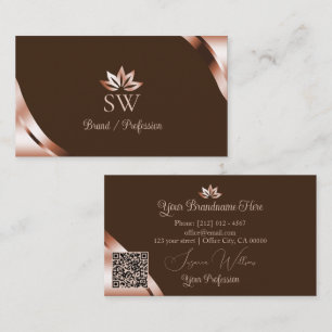 Rose Gold Corners Coffee Brown Monogram QR Code Business Card