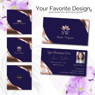 Rose Gold Corners Deep Blue with Monogram Photo Business Card