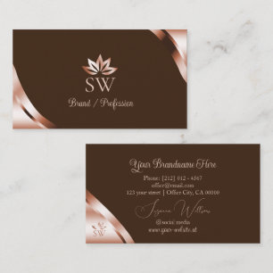 Rose Gold Corners on Coffee Brown with Monogram Business Card