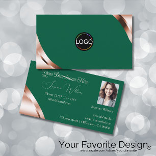 Rose Gold Corners Sea Green with Logo and Photo Business Card