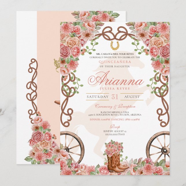 Rose Gold Country Western Charro Ranch Quinceanera Invitation (Front/Back)